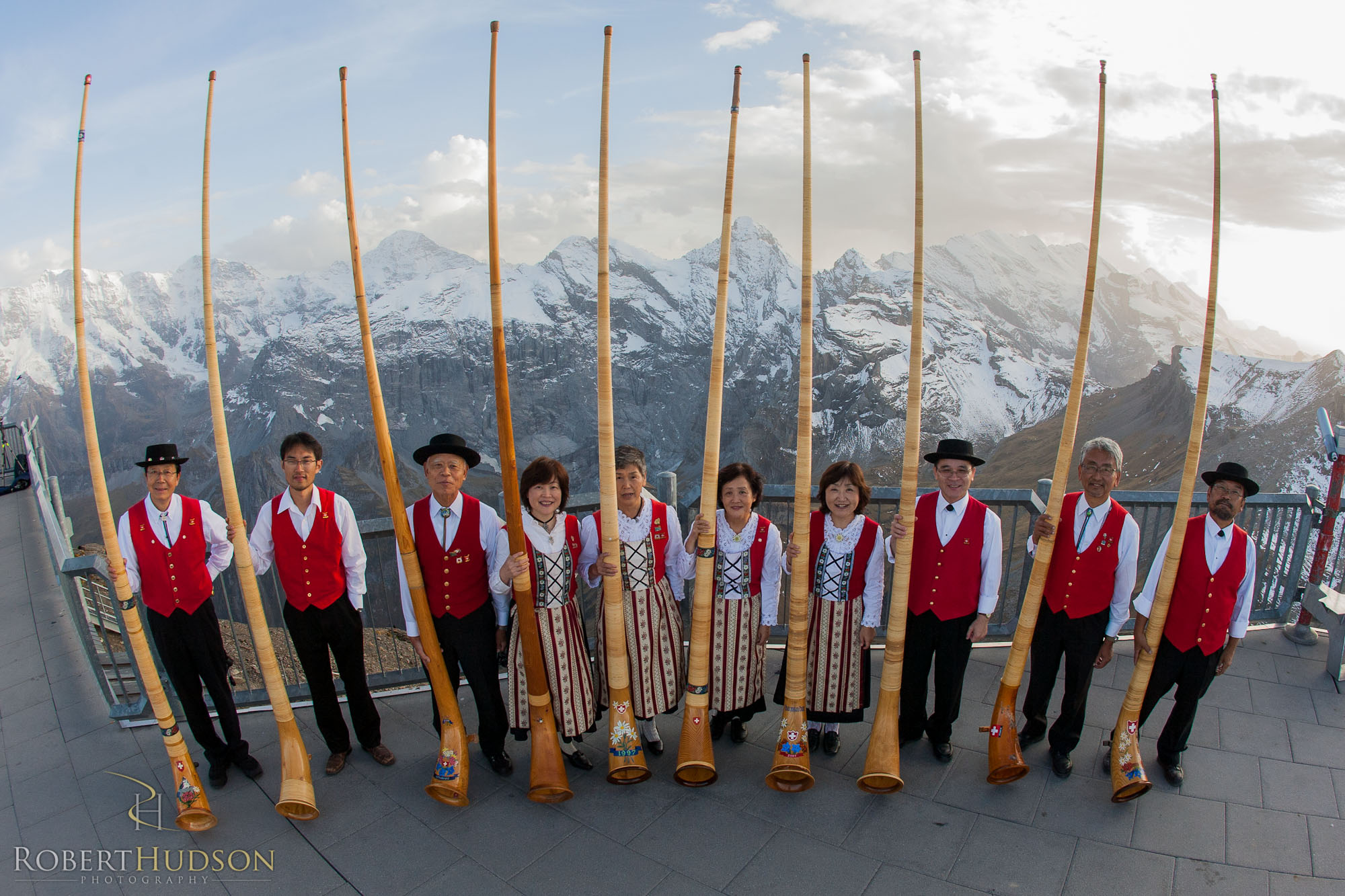 Members of the Japan's Tamagawa Alphorn Club - Shilthorn, Switzerland